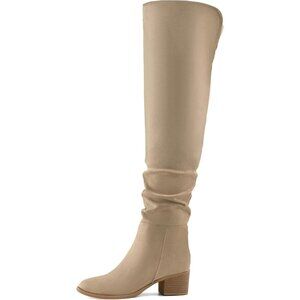 Women's Khaki Suede Over The Knee Thigh High Chunky Block Heel Pointed Toe Boots